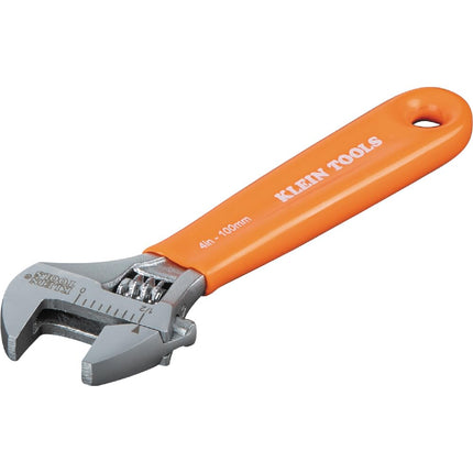 KLEIN TOOLS O5064 Adjustable Wrench, Extra-Capacity Jaw, Forged Heat-Treated Alloy Steel, SAE, Metric Scales, Plastic-Dipped Handle, 4-Inch