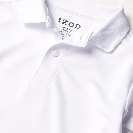 IZOD Boys' School Uniform Short Sleeve Polo Shirt, Button Closure, Moisture Wicking Performance Material, White, 8 Husky