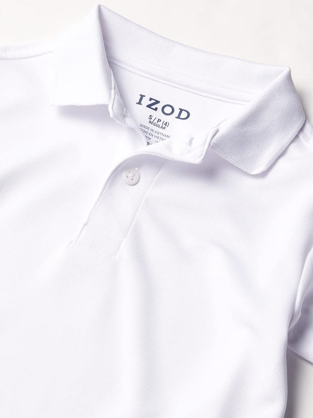 IZOD Boys' School Uniform Short Sleeve Polo Shirt, Button Closure, Moisture Wicking Performance Material, White, 8 Husky