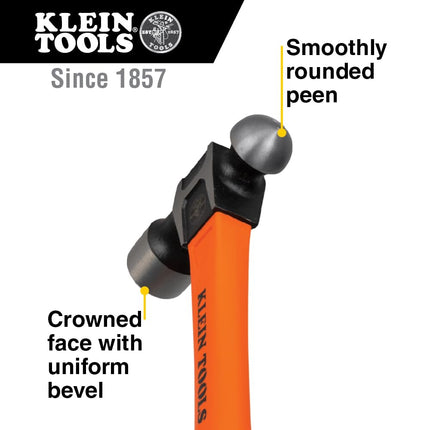 Klein Tools H80332 Martillo de bola, cabeza de 32 onzas, mango de fibra de vidrio antideslizante con absorción de impactos y orificio para amarrar, 15 pulgadas