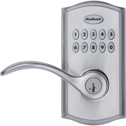 Kwikset SmartCode 955 Electronic Lever Door Lock Deadbolt with Pembroke Door Handle Lever Featuring SmartKey Security in Satin Chrome