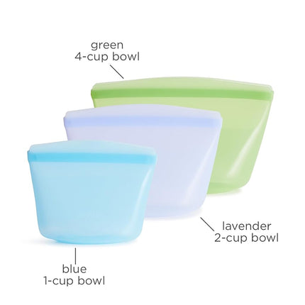 Stasher Reusable Silicone Storage Bag, Food Storage Container, Microwave and Dishwasher Safe, Leak-free, Bundle 3-Pack Bowls, Blue + Lavender + Green