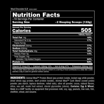 Animal Meal – All Natural High Calorie Meal Shake – Egg Whites, Beef Protein, Pea Protein, Rolled Oats, Sweet Potato, Chocolate 5 Pound