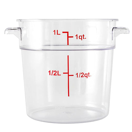 Restaurantware-Met Lux 1 Quart Food Storage Container, 1 Round Commercial Storage Container - Lid Sold Separately, with Volume Markers, Clear Plastic Food Prep Bucket, Space-Saving Storage
