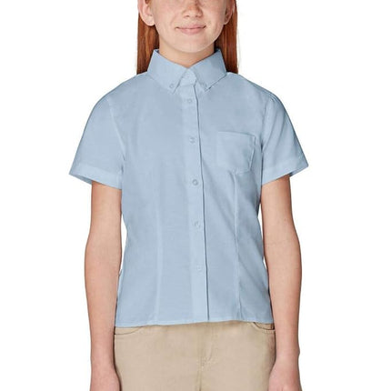 French Toast Girls' Fitted Short Sleeve Wrinkle-Resistant Oxford Shirt, Light Blue, 12
