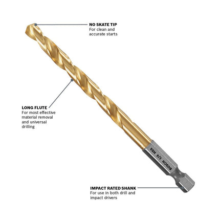 BOSCH TI2143IM 1-Piece 1/4 In. x 4 In. Titanium Nitride Coated Metal Drill Bit Impact Tough with Impact-Rated Hex Shank for Applications in Heavy-Gauge Carbon Steels, Light Gauge Metal, Hardwood