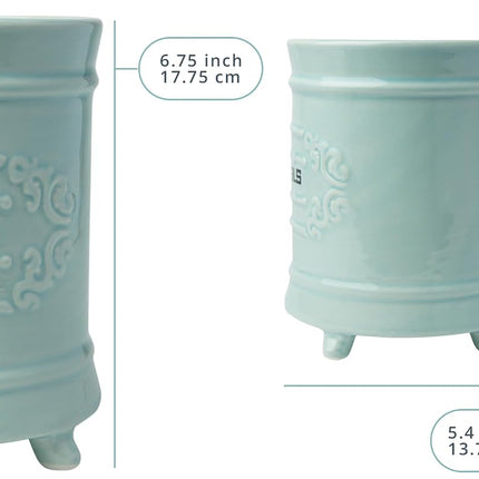French Blue Ceramic Utensil Holder - Vintage Style Kitchen Utensil Caddy - Antique Design Cooking Utensil Organizer - Rustic French Country Utensil Crock for Cooking Enthuziast