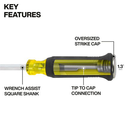 Klein Tools 6007DD 5/16-Inch Keystone Demolition Driver, 7-Inch Blade, Steel Tip-to-Cap Construction, Cushion-Grip™ Handle, Oversized Strike Cap, Square Shank with Wrench Assist