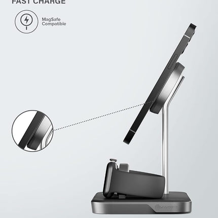 ALOGIC MagSpeed 3-in-1 Wireless Charging Station, MagSafe Compatible for iPhone 12/13 series, Wireless Charging enabled AirPods Case & All Apple Watch Models, LED indicator, Certified safe.