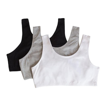 Fruit of the Loom Sujetador deportivo de algodón grande para niñas, Negro/Blanco/Gris Jaspeado-Paquete de 3, 36