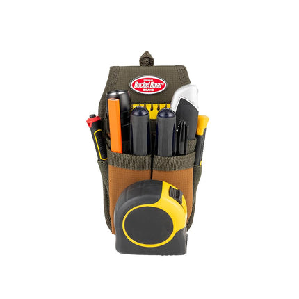 Bucket Boss Four-Barrel Tool Sheath with FlapFit to Fit Instantly Over a Belt or Into a Pants Pocket, with 5 Tool Pockets and 2 Loops, and Metal Tape Clip, in Brown, 54184