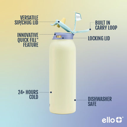 Ello Pop & Fill 22oz Stainless Steel Water Bottle with Quick Fill Technology, Double Walled and Vacuum Insulated Metal, Leak Proof Locking Lid, Sip and Chug, Reusable, BPA Free, Fresh Dew