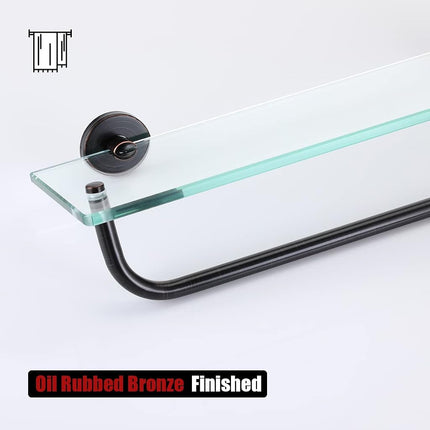 JQK TGS100-ORB Bronze Tempered Glass Bathroom Shelf, Shelf with 15" Towel Bar, 16" x 5" Tempered Glass Shower Storage, Steel Wall Bracket