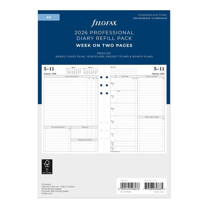 Filofax Calendar Diary Refill, A5 Size, Week-to-View with Appointments, Time Management, White Paper, Ruled, English, 2026 (CTM7051-26)