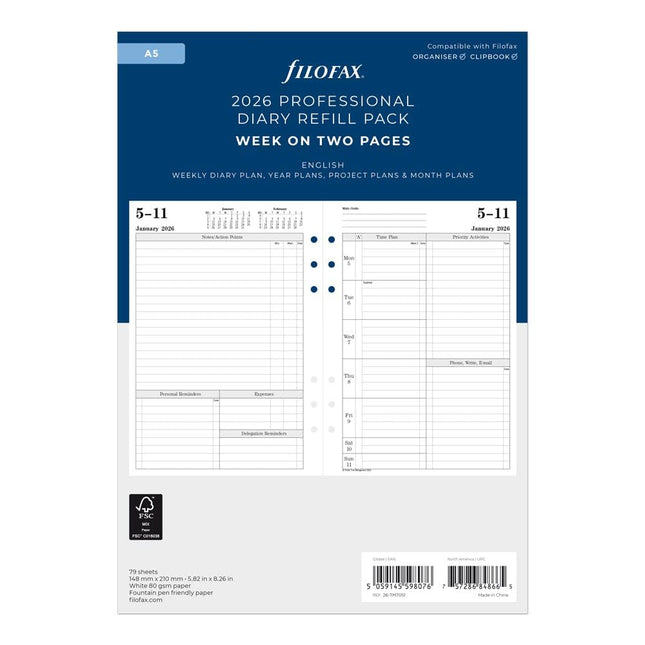 Filofax Calendar Diary Refill, A5 Size, Week-to-View with Appointments, Time Management, White Paper, Ruled, English, 2026 (CTM7051-26)