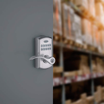 Kwikset SmartCode 955 Electronic Lever Door Lock Deadbolt with Pembroke Door Handle Lever Featuring SmartKey Security in Satin Chrome