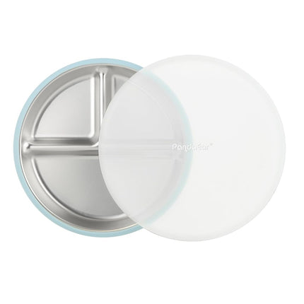 PandaEar 3 Pack Stainless Steel Baby Suction Plates with Lids (Blue)