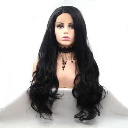 Xiweiya 1B Black Wigs Long Body Wavy Synthetic 12×1 T Part Synthetic Lace Front Wig Dark Black Soft Natural Hair Replacement Full Wig Heat Resistant Fiber For Women 24 inch