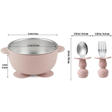 PandaEar 8PCS Baby Feeding Set | Stainless Steel Suction Plates and Bowls with Silicone Fork and Spoon Utensils | Baby Led Weaning Tableware for Toddlers & Kids (Pink & Blue)