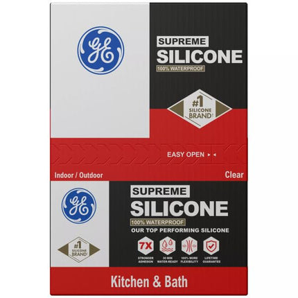 GE Supreme Silicone Caulk for Kitchen & Bathroom - 100% Waterproof Silicone Sealant, 7X Stronger Adhesion, Shrink & Crack Proof - 10 oz Cartridge, Clear, Pack of 12