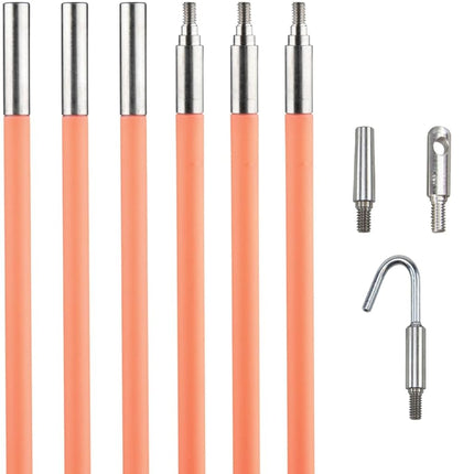 Klein Tools 50153 15-Foot Lo-Flex Flex Glow Fish Rod Set, (3) 1/4-Inch Fish Rods, Adapter, Bullet Nose, Attachments, Splinter Guard Coating
