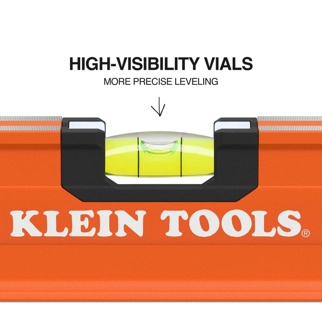 Klein Tools 93524 24-Inch Box Level, 2-Foot Box Beam Spirit Level, 3 Vials, High Visibility Orange, Aluminum Body