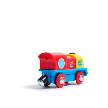 Hape Brave Little Engine | Button-Operated Multi-Coloured Train, Exceptional Battery-Powered Train, Red, Yellow + Blue Finish