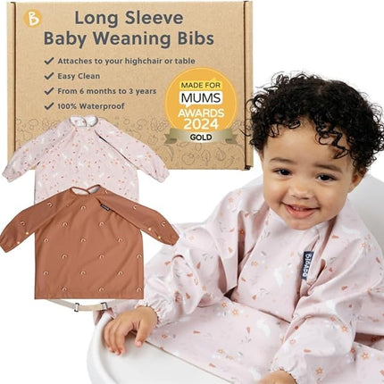 BIBaDO Long Sleeve Waterproof Baby Bib, Rainbow Bunnies 2-Pack, 6–36 Months