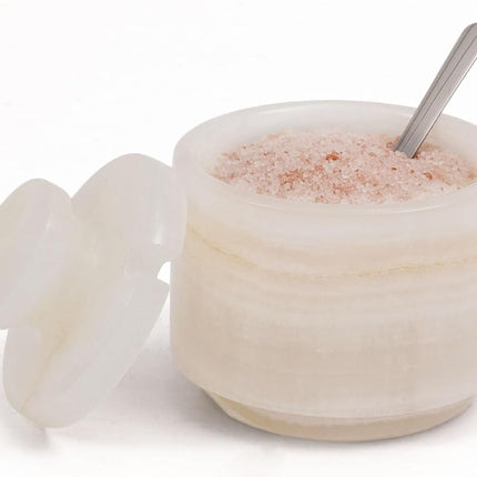 White Onyx Marble Salt Cellar Set of 2 with Lid & 