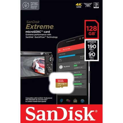 SanDisk Extreme microSD UHS I Card 128GB to 4K Video for Smartphones, Cameras & Drones 190MB/s Reading, 90MB/s Write