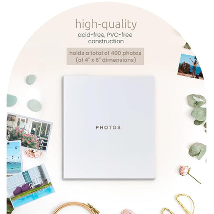 Kiera Grace Jocelyn Photo Album, 80-Page Photo Book with CD Storage Pocket, Holds 400 4 x 6 Pictures, Ideal for Weddings and Scrapbooks, Enhances Bookshelf Decor, White