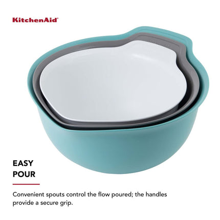 KitchenAid Universal Nesting Plastic Mixing Bowls, Set of 3, 2.5 Quart, 3.5 Quart, 4.5 Quart, Non Slip Base with Easy Pour Spout to Reduce Mess, Dishwasher Safe, Aqua Sky, White, Gray