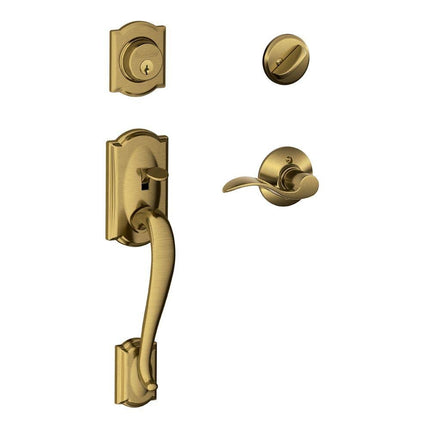 Béquille de porte d'entrée à cylindre simple Schlage Camelot et levier accentué main droite, laiton antique (F60 CAM 609 Acc RH)