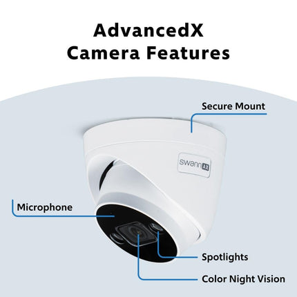 Caméra de sécurité dôme extérieure filaire 4K Swann AdvancedX™ PoE, vision nocturne en couleur, analyse/alertes vidéo IA intelligente, détection de mouvement avancée
