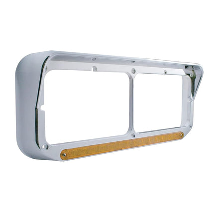 Embellecedor de faro doble rectangular de 14 LED cromado United Pacific 32351 con visera, cromado, plástico moldeado por inyección, barra de luz LED preinstalada – LED ámbar/lente ámbar – UN embellecedor