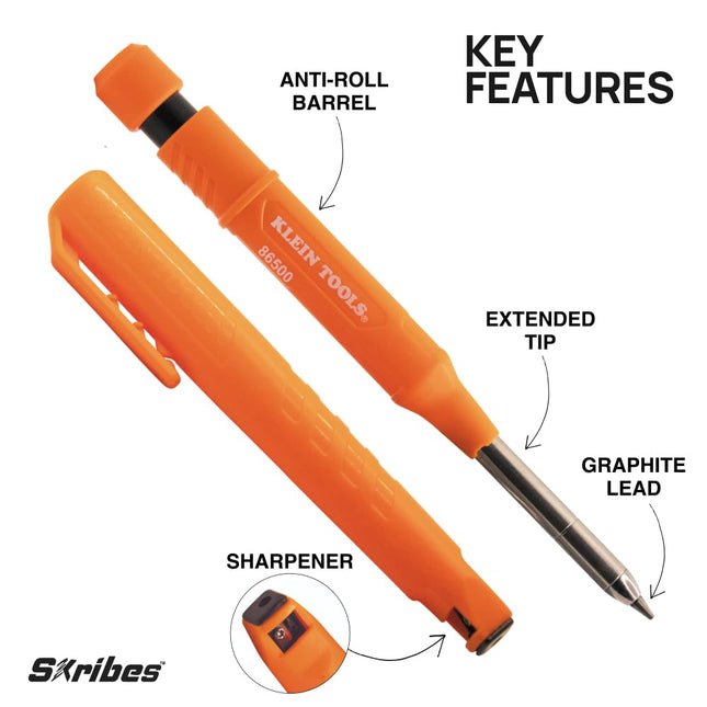 KLEIN TOOLS 80189 Skribes 2.8 mm Mechanical Carpenter Pencil with Built-In Sharpener and 10-Pack Assorted Color Leads, for Deep Hole Marking for Woodworking and Construction
