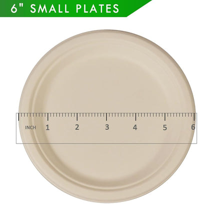 GreenWorks 100 Count 6“ Compostable Dessert Plates, Unbleached Biodegradable Bagasse and Bamboo fiber Paper Plates