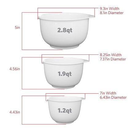 Glad Mixing Bowls with Pour Spout, Set of 3 | Nesting Design Saves Space | Non-Slip, BPA Free, Dishwasher Safe Plastic | Kitchen Cooking and Baking Supplies, White