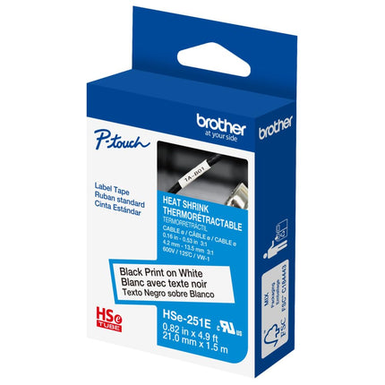 Brother HSe251E ~4/5in (21mm) Black on White Heat Shrink Tube, 3:1 Electrical Shrink Wrap Labeling Tape for AWG 0-10, 4.9 ft (1.5m) Cassette for P-Touch Industrial Heat Shrink Label Printers