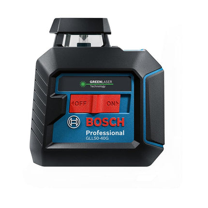 BOSCH GLL50-40G Green-Beam Self-Leveling 360 Degree Cross-Line Laser, Includes 4 AA Batteries, L-Bracket, Ceiling Clip, & Hard Carrying Case