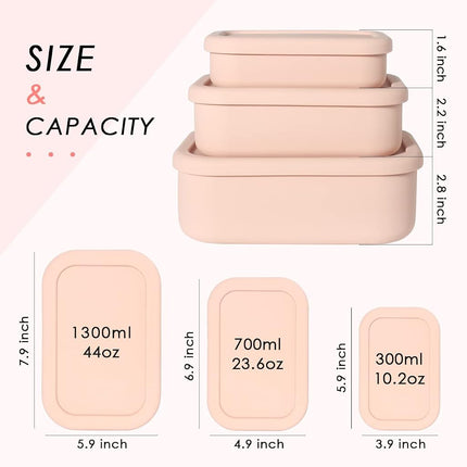Keweis Silicone Food Storage Containers, Set of 3 Bento Lunch Box Containers with Lids, Hard-Shell Silicone, Airtight, Microwave, Dishwasher and Freezer Safe (10oz, 23.6oz, 44oz) (Pink) (CGJ-1)