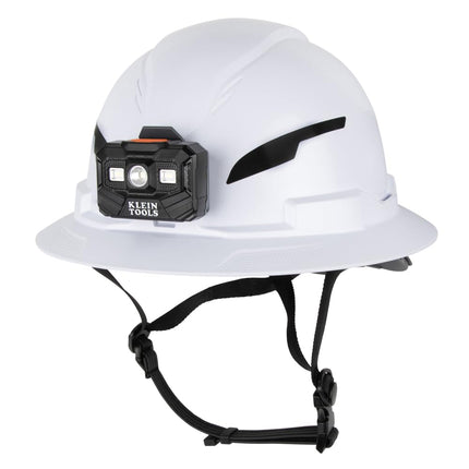 Klein Tools 60406T2RL Type 2 Hard Helmet, Full Brim, Unvented Full Brim, Class E Helmet with Chin, 6-Point Suspension with Accessory Brackets, Washable Padding and Headlamp