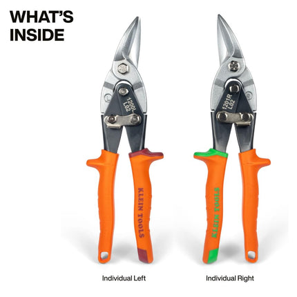 Klein Tools 80198 Aviation Snips Kit, Left and Right Metal Shears Set, 18 Gauge Steel Cutting, Serrated Blades, Self-Open Lock, Professional Tin Snips
