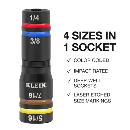 Klein Tools 656QS KNECT Quad Socket, 24 Sizes in 6 Sockets, 4-in-1 Color Coded SAE and Metric Impact Rated, Deep-Well Heavy-Duty, 1/4-and 3/8-Inch Drive, 3-1/2-and 6-1/2-Inch Shaft