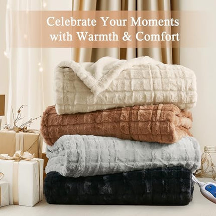 Beautyrest Heated Blanket, Eletric Throw Blanket, Soft, Warm, Reversible Faux Fur - Mink Oversized Heating Blanket Throw, 3 Heat Settings, 2 hr Auto Shut Off, Machine Washable, 50x70 Ivory Texture