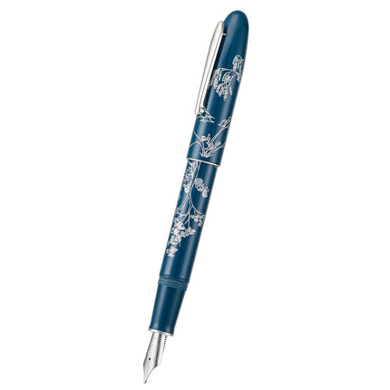 HONG DIAN N23 Blue Rabbit Fountain Pen, Long Blade Medium Nib Silver Trim, New Year Lucky Rabbit Carving Design, Smooth Writing Pen with Converter and Metal Pen Box Set