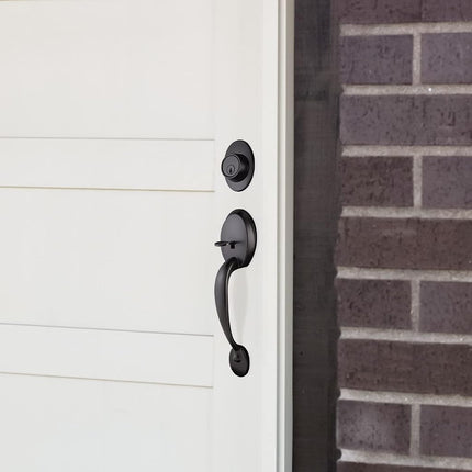 Design House 778910 Coventry Door Handleset with Springdale Interior Lever and Single Cylinder Deadbolt Matte Black