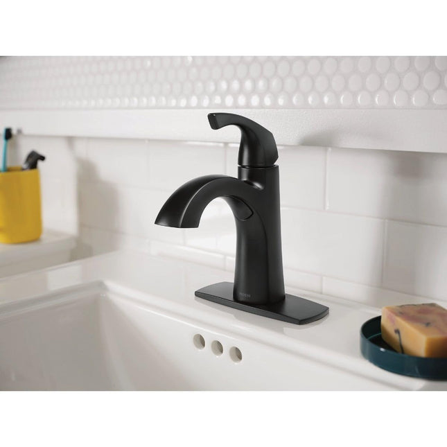 Moen Lindor 84505BL Matte Black 1-Handle Single Hole Bathroom Sink Faucet with Drain and Deck Plate