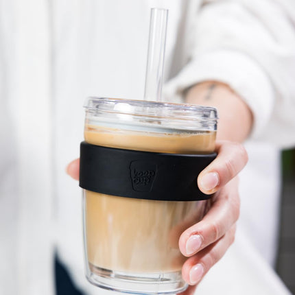 KeepCup Longplay Cold Cup - Double wall Glass, Reusable Ice Coffee Cup with Boba Straw and Lid - Medium 12oz (340ml) - Chalk