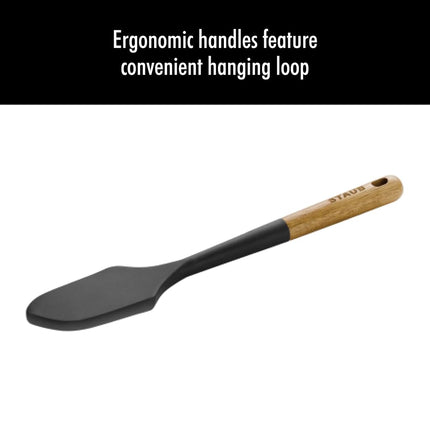 STAUB Silcone Spatula, Great for Mixing, Folding, Scraping, and Spreading, Durable BPA-Free Matte Black Silicone, Acacia Wood Handles, Safe for Nonstick Cooking Surfaces